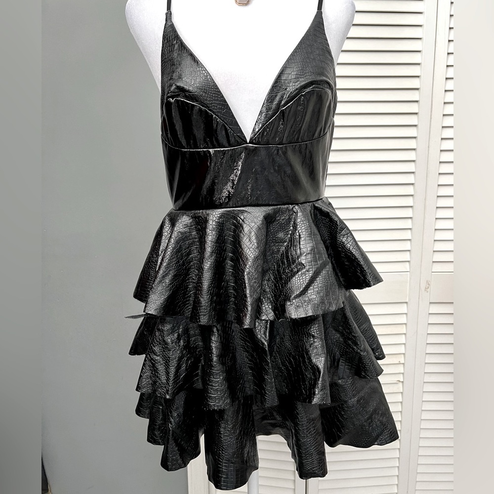 Fashion Nova black faux leather mini dress size small.